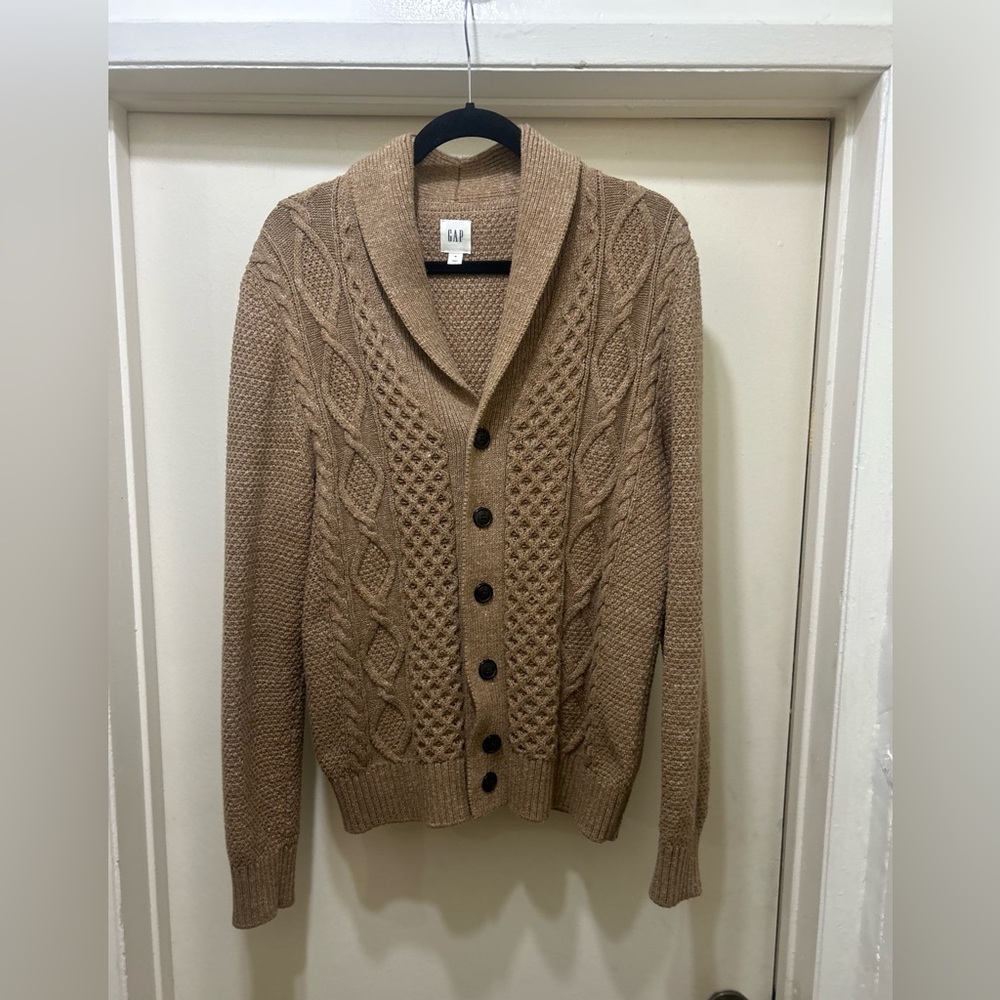 Gap Cardigan Sweater Cable Knit Chunky Mens M Camel Shawl Collar Grandpacore - Picture 2 of 8